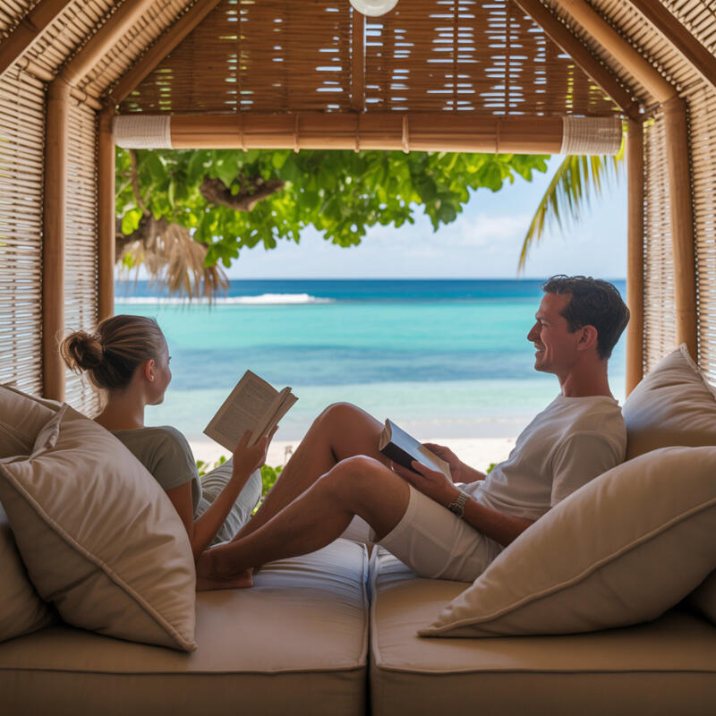 “Couple relaxing in a private cabana at a Mombasa beach resort.”