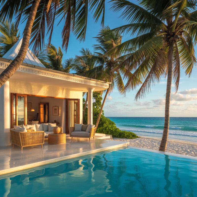 “A luxurious beachfront villa in Zanzibar with palm trees and crystal-clear ocean waves.”