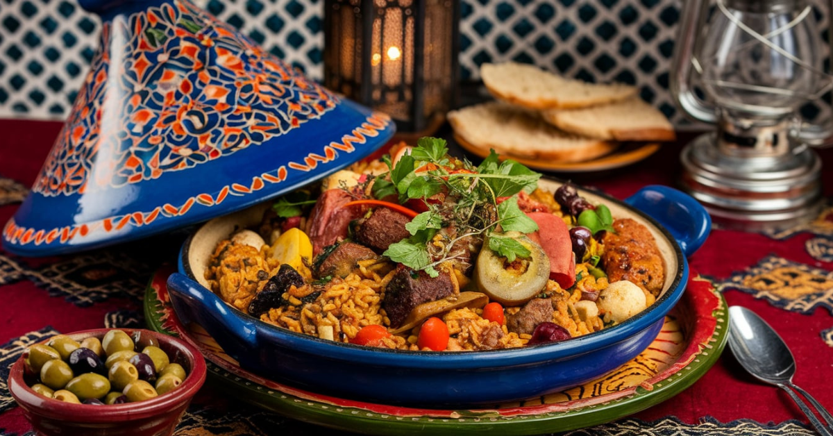 A colorful Moroccan tagine dish served with fresh herbs and spices on a traditional table.