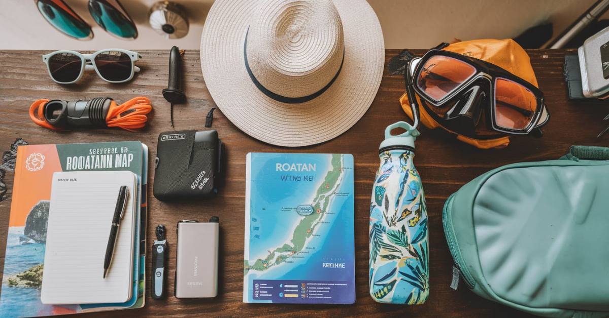 A flat-lay of essential travel items for Roatan, including snorkeling gear, a sun hat, sunscreen, and a reusable water bottle.