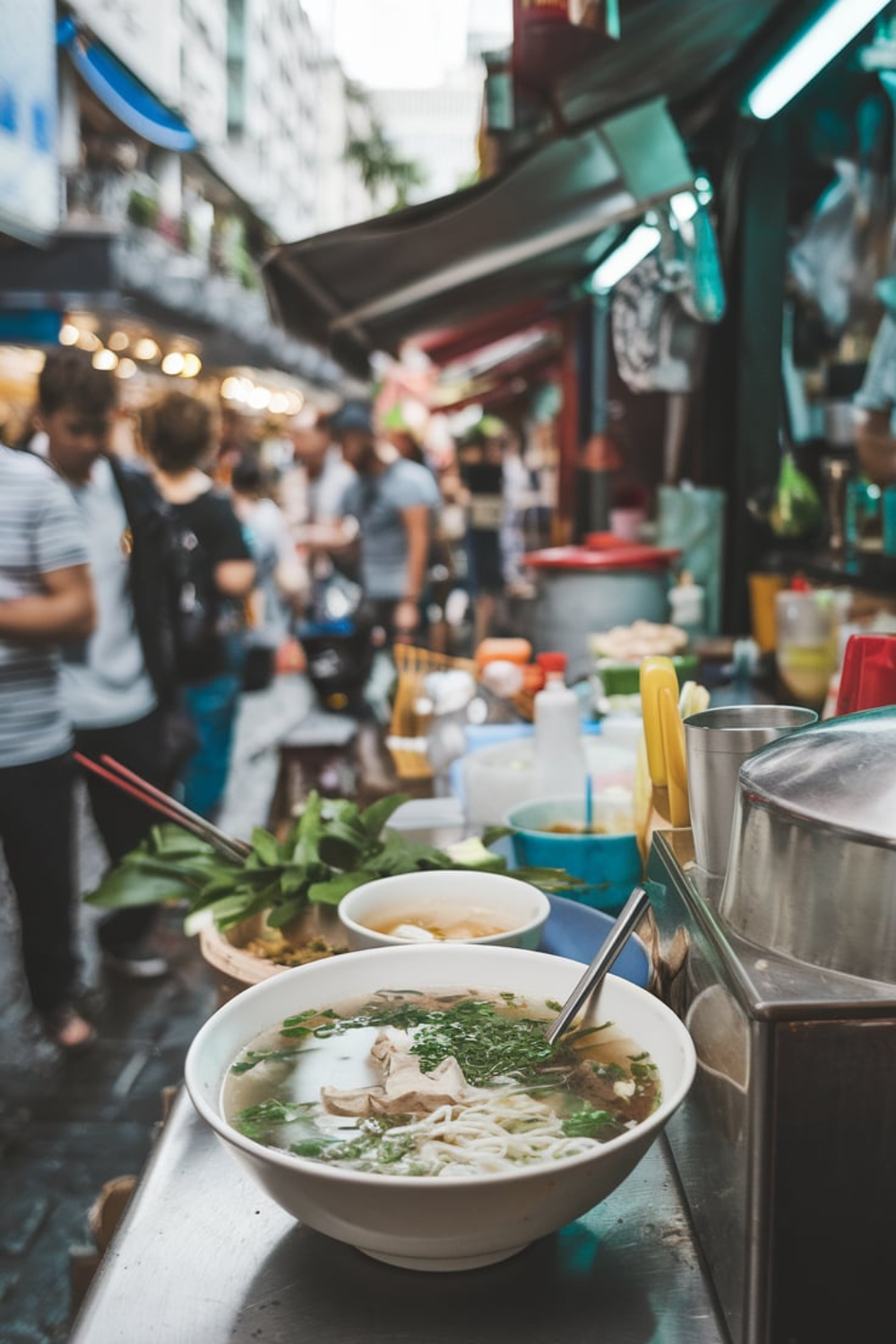 You’re savoring a fragrant bowl of pho at a bustling Vietnamese street stall, the city alive around you.