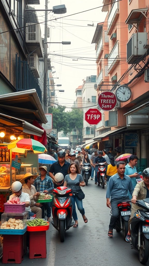 A busy street in Hanoi filled with food stalls and scooters.